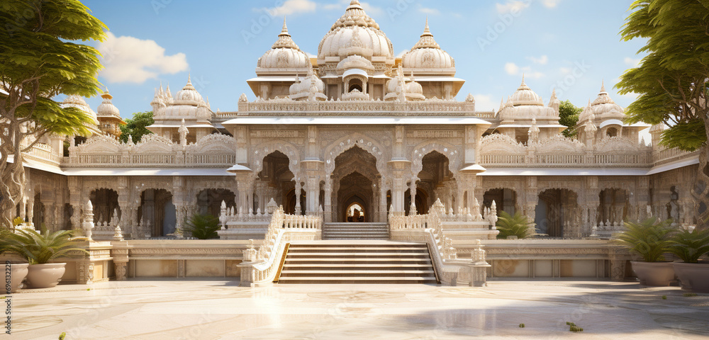 A traditional Indian palace with a 3D front elevation rich in carvings and arches