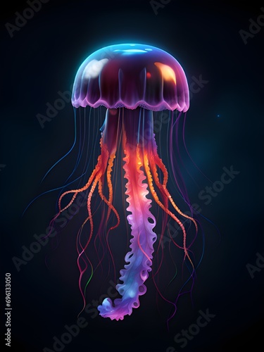 Glowing jellyfish swim deep in blue sea. Medusa neon jellyfish fantasy in space cosmos among stars. 3d render © mansum008