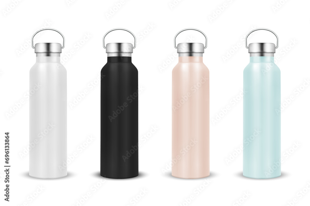 Vector Realistic 3d White, Black, Pink and Blue Blank Glossy Metal Reusable Water Bottle Icon Set with Silver Bung Closeup Isolated on White Background. Design Template of Packaging Mockup. Front View Vector Realistic 3d White, Black, Pink and Blue Blank Glossy Metal Reusable Water Bottle Icon Set with Silver Bung Closeup Isolated on White Background. Design Template of Packaging Mockup. Front View