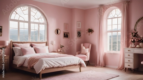 interior of a pink bedroom with pink walls, , fantasy enchanted bedroom theme with flower and big window ,amazing view , room decor ,fairytale theme  © monu