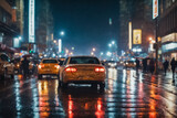 City street in rainy twilight. Taxi cars in the foreground