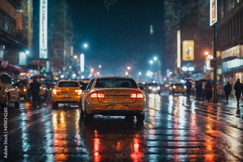 City street in rainy twilight. Taxi cars in the foreground © Victoria