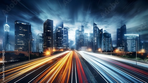 big city skyline and traffic lights blurred motion, skyscrapers and highway light trails at rush hour 