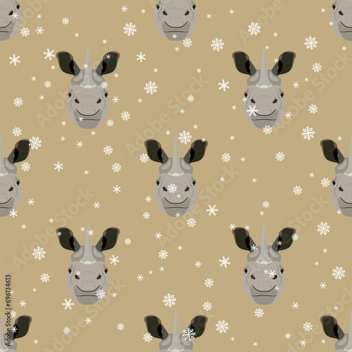 Seamless animal pattern with horned heads of Indian rhinoceros and snowflakes. (Rhinoceros unicornis). Seasonal winter design. Funny animal masks. Cartoon style. On yellow beige background.