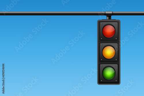 Vector Banner with 3d Realistic Detailed Road Traffic Lights on Blu Sky Background. Safety Rules Concept, Design Template. Stoplight, Traffic Lights Template