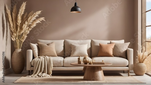 modern living room  with sofa  interior wall mockup wall tones with  beige colour boho style  dried pamper grass  3d rending  wooden decor  light oak theme 