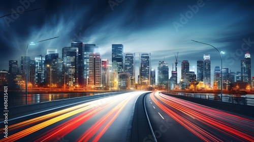 big city skyline and traffic lights blurred motion, skyscrapers and highway light trails at rush hour 