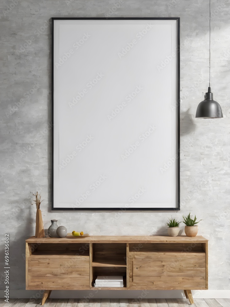 Bright cozy living room interior with large window, white empty poster on the wall, sideboard and chair on oak wooden parquet floor. Minimalist Scandinavian design. Mock up. 3d rendering Bright cozy living room interior with large window, white empty poster on the wall, sideboard and chair on oak wooden parquet floor. Minimalist Scandinavian design. Mock up. 3d rendering