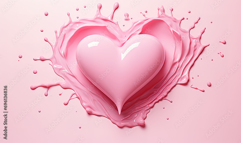 A heart symbol falls into the pink liquid producing a side splash. generative AI