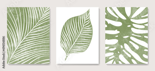 Abstract art background with tropical leaves with watercolor texture. Botanical set of posters with exotic plants for decoration, print, textiles, interior design.