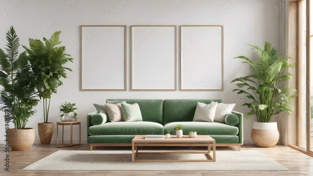 modern living room with velvet green sofa ,interior wall mockup wall tones with ,with plants,mockup big frame of wall  ,green theme ,3d rending 