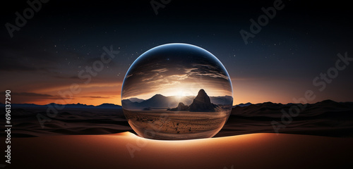 A moonlit desert landscape with sand dunes stretching to the horizon, surrounded by the quiet stillness of the night, all within a glass globe.