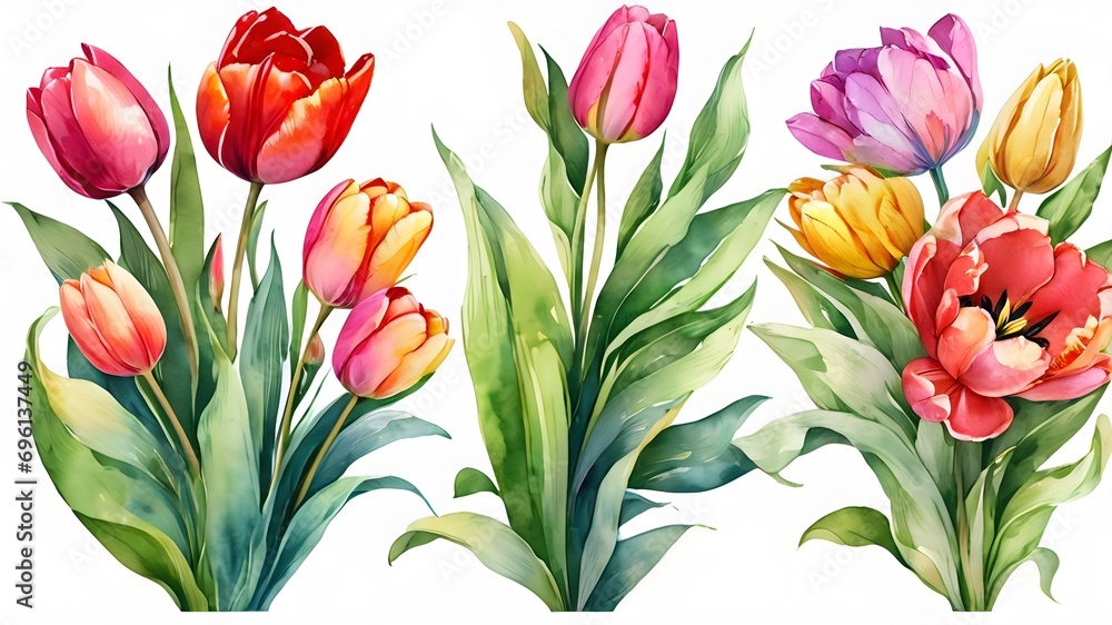 Set of Separate parts and bring together to beautiful bouquet of flowers in water colors style on white background, flat vector illustration Set of Separate parts and bring together to beautiful bouquet of flowers in water colors style on white background, flat vector illustration