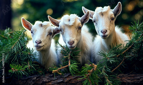 des chèvres en train de manger des branches de sapins de Noël donnés par les gens après les fêtes photo