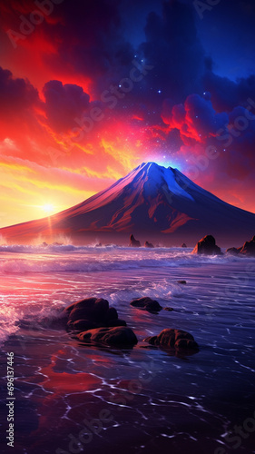 A pristine beach at dawn, waves gently embracing the shore, while a distant volcano exhales a plume of smoke against a starry backdrop in a glass sphere photo