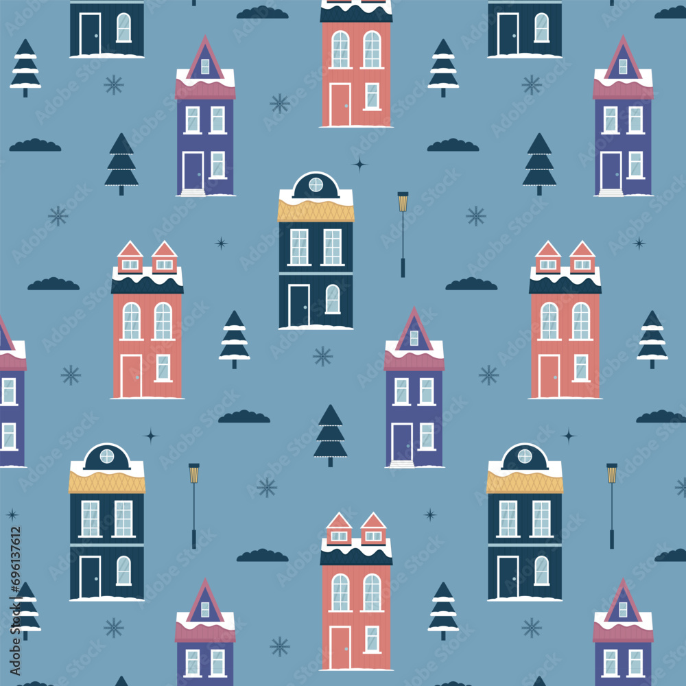 Scandinavian houses, seamless pattern. Vector illustration.