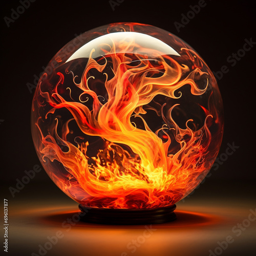 Vibrant flames dancing with fiery intensity, encapsulated in a glass sphere, embodying the raw power of fire.