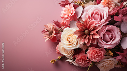 Gorgeous Pink Rose Bouquet for Valentine's Day - Textured, Pastel Background - Overhead Flat Lay View of Flower Blooms with Copy Space - Studio Lighting and Romantic Muted Surrealism Effect © AnArtificialWonder