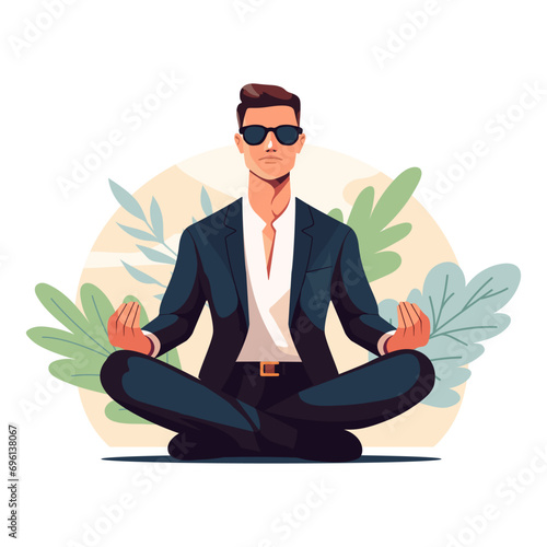 Vector illustration of businessman sitting in lotus pose. Meditating office worker on dreamy mandala background. Corporate yoga illustration.