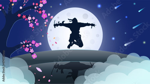 A sudden ninja jumps out from behind a hill on a foggy night with a glowing moon in the background. The wind blows sakura leaves and stars fall in the background. Vector illustration.