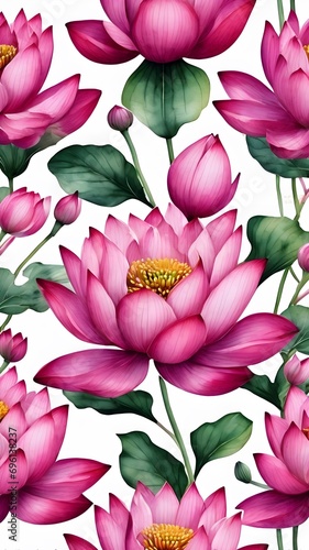 seamless pattern with pink lotus on white background  watercolor paining  vector 