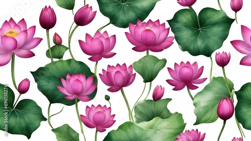 seamless pattern with pink lotus on white background  watercolor paining  vector 