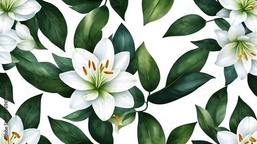 pattern with white Lilly flowers and green leaves on black background,seamless floral background ,vector, 3d 