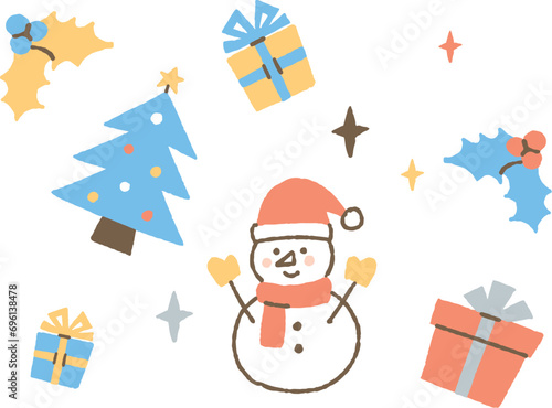 クリスマスツリーと雪だるまとプレゼント_色