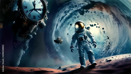 An astronaut floating deep in space near a disintegrating clock, a science fiction scene transcending the boundaries of reality
 photo