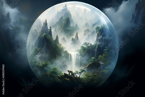 Wisps of mist rising from a mountain valley, enclosed within a glass orb--a mystical meeting of Air and Earth.