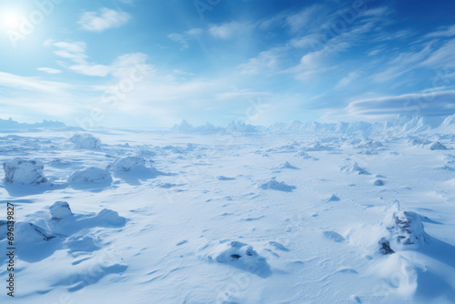 A vast and arctic tundra landscape with snow-covered plains, illustrating the harsh yet breathtaking environments of polar regions. Concept of frozen tundra. Generative Ai.