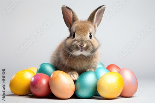 bunny surrounded by colorful Easter eggs. white background. Generative AI © Phichitpon