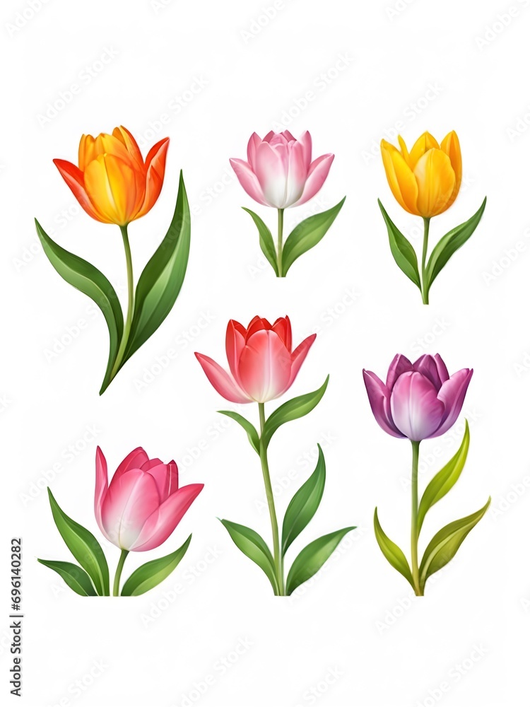 tulips flower element set isolated on light blue background. watercolour , 3d rendering, Including flower blossoms, petals, and bud.