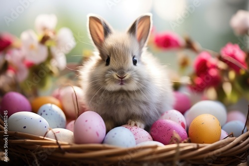 bunny surrounded by colorful Easter eggs. Generative AI