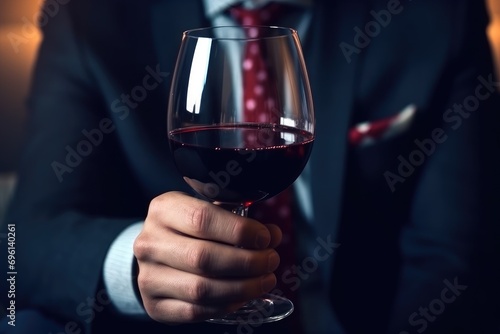 business man hands holding a red wine glass .generative ai photo
