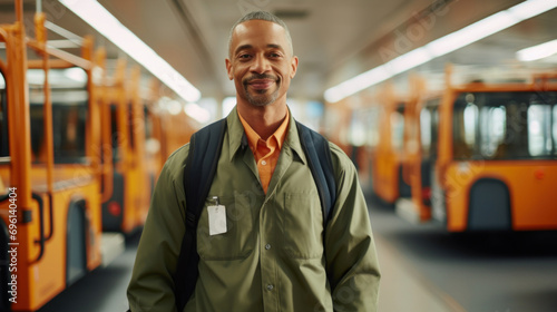 Portrait of smiling mature man with backpack standing in subway car.