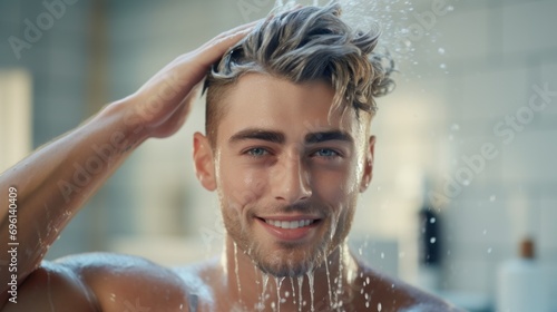 Handsome young man washing hair and smiling while taking shower in bathroom photo