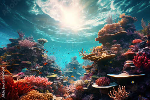 A coral reef ecosystem thriving with a myriad of marine life, exemplifying the symbiotic relationships between different species beneath the ocean surface. Generative Ai. © Sebastian