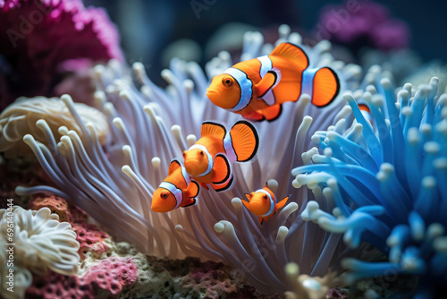 An image capturing the mutualistic relationship between a clownfish and a sea anemone, a classic example of symbiosis in the ocean. Generative Ai. photo