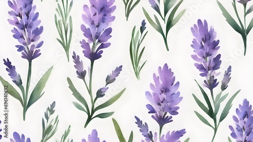 watercolor lavender seamless pattern on white background ,lavender flower and green leaves, isolated image ,vector , illustration ,3d .