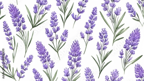 watercolor lavender seamless pattern on white background ,lavender flower and green leaves, isolated image ,vector , illustration ,3d .