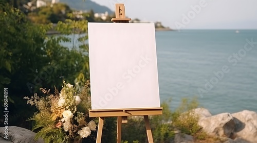 Empty poster on easel on wedding ceremony boho style