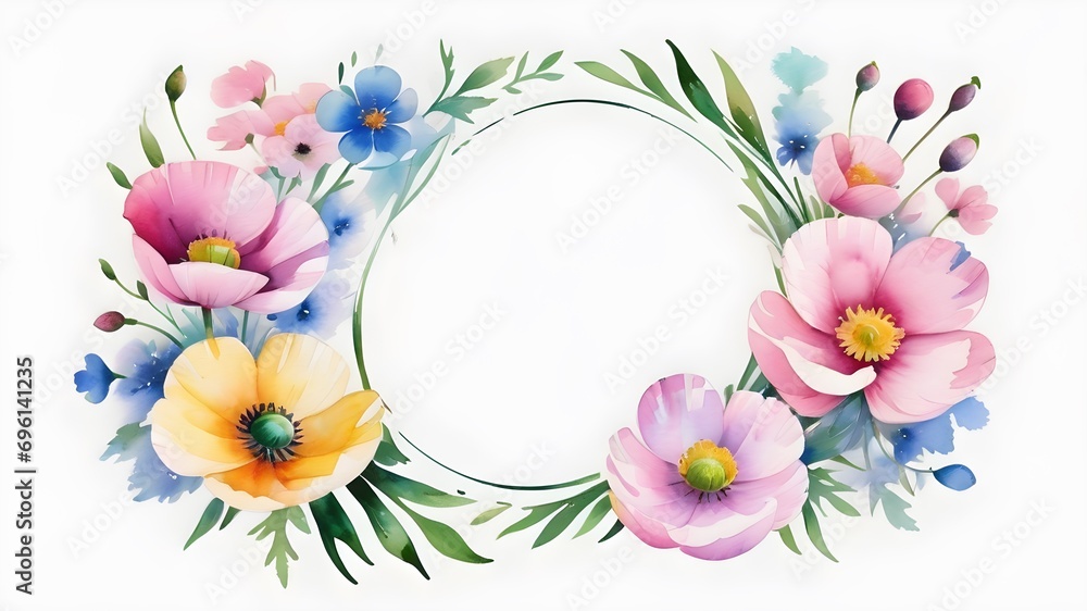 set of spring flowers border frame, watercolour pink and purple ,blue flower on the white screen, vector, illustration ,invitation card, set of floral branch., floral frame.floral greeting card design