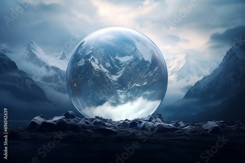 Earth's rugged mountains, covered in a blanket of snow, enclosed within a glass orb--a frozen moment of pure wilderness. photo