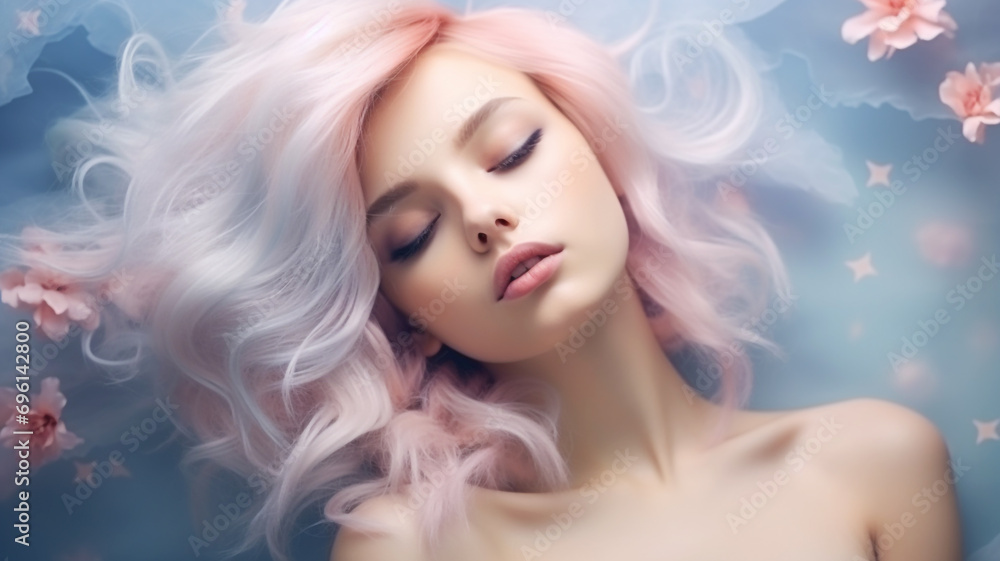 Beautiful woman dreaming concept with flowers