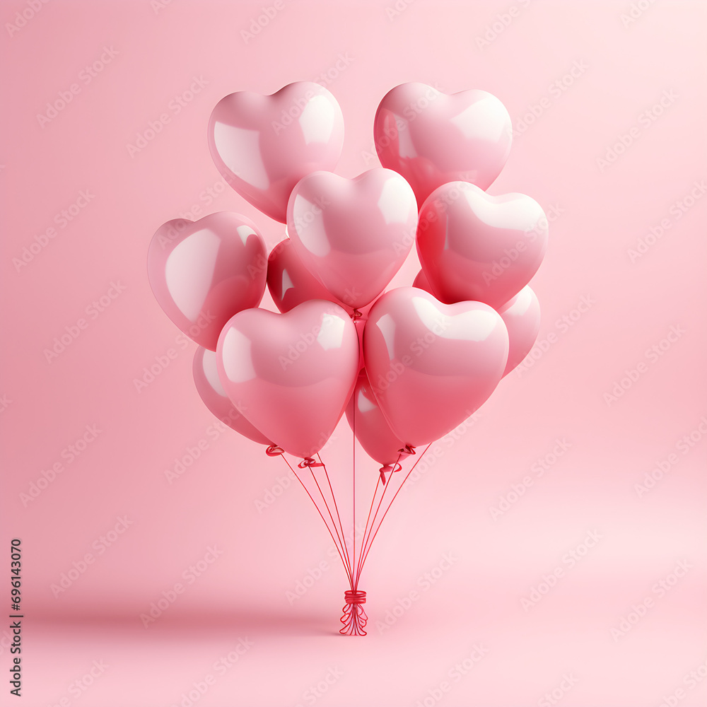 Valentine's Day illustration with heart-shaped balloons on a pink background, symbolizing love,