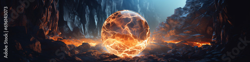 Flames dance gracefully over rocky terrain, encapsulating the raw power and energy of fire within a glass orb. Copy space.