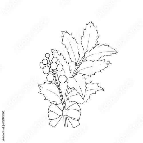 Bouquet of holly branches and berries and a bow. Outline drawing. Hand drawn vector illustration. Design element. For coloring, cards, printing, packaging, invitations, business cards, advertising
