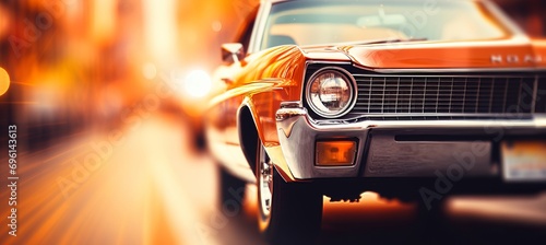 Dynamic auto backdrop with blurred bokeh, car showroom scenes, and vintage car imagery.