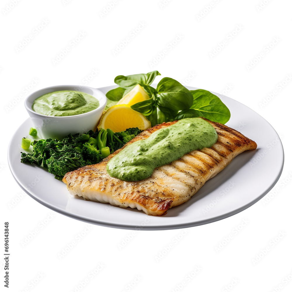 Fish fillet served with spinach sauce and steamed vegetables isolated on transparent background Fish fillet served with spinach sauce and steamed vegetables isolated on transparent background
